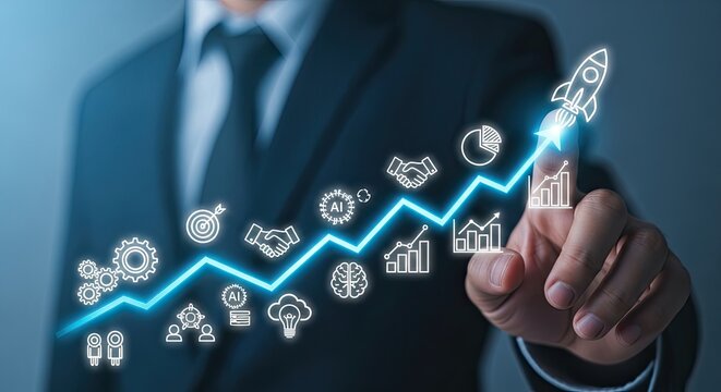 Businessman Touching Glowing Growth Chart with Business Icons.