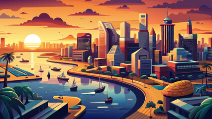 Fototapeta premium Very beautiful aerial sunset view of Lagos waterfront, highlighting glowing city buildings, reflective waters, busy roads, and warm golden light defining Nigeria’s vibrant coastal metropolis.
