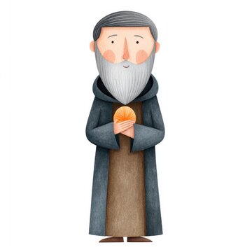 Watercolour cartoon illustration of saint benedict with medal on white background