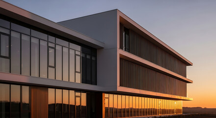 Modern Office Building Facade At Sunset Featuring Reflective Glass Windows