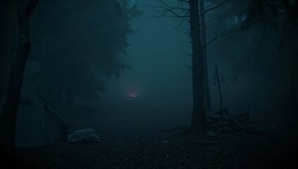 Obraz premium Misty Forest Scene at Night With a Small Fire in the Distance and a Tent Nearby