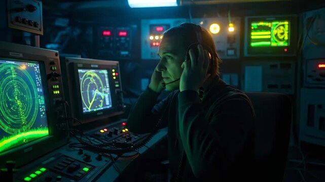 Man monitoring sonar screen in submarine for tactical operation. Military control room with radar display and surveillance system.
