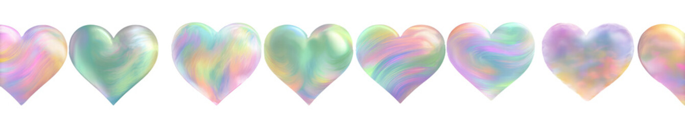 Colorful Iridescent Heart Shapes on White Background for Romantic or Decorative Use