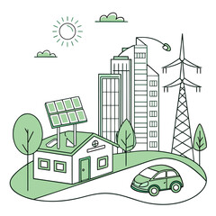 Modern cityscape showcasing sustainable urban living with green energy sources