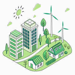 Sustainable cityscape featuring green energy and eco-friendly urban living