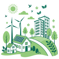 A vibrant illustration of a sustainable and eco-friendly urban community with renewable energy sources