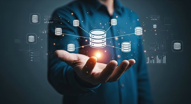 Man holding a glowing database icon, representing data management and cloud computing.