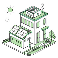 Sustainable house with solar panels and wind turbine for eco-friendly living