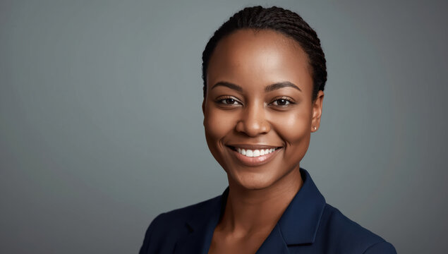 Smiling professional woman portrait with braided hair in blue blazer