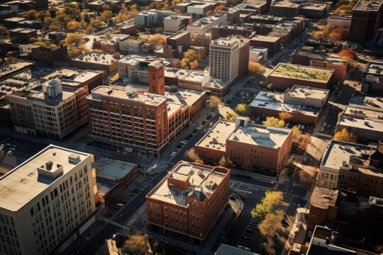 Urban cityscape showing buildings, streets, and trees from an aerial perspective