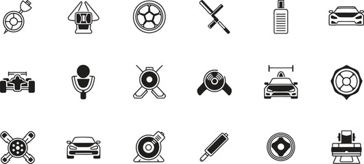 Black and white icons of various car parts and tools