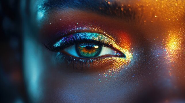 Close-up of the eyes of a black woman, with shiny makeup, sparkles around the eyes