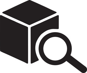 Blockchain link icon with a magnifying glass, representing decentralized data searching, auditing, and ledger inspection, bold black vector