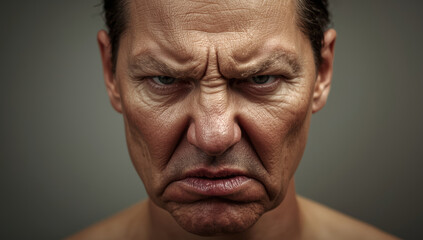Angry mature man portrait with intense frown and wrinkled skin