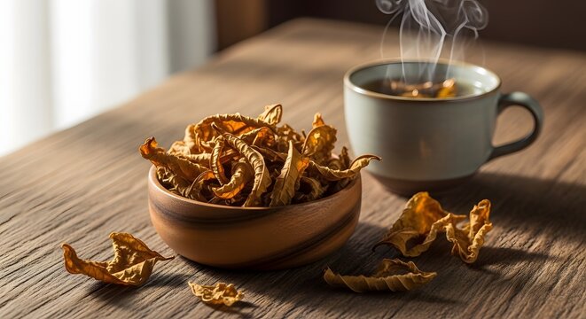 Warm bowl of fried plantains beside a cup of aromatic coffee on a rustic wooden table. banaba