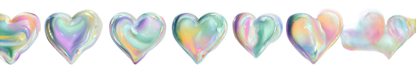 Colorful Iridescent Heart Shapes on White Background for Romantic or Decorative Use