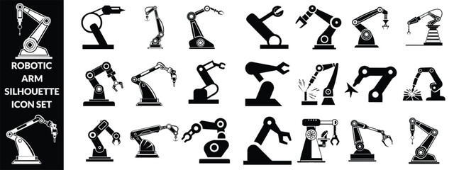 Robotic arm silhouette icon set, industrial automation, mechanical engineering, factory equipment, vector illustration, black pictogram, robotics technology graphic