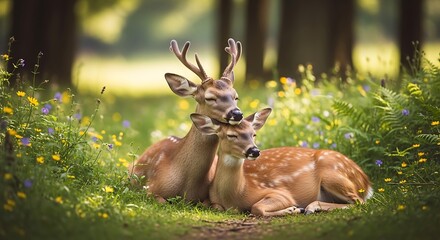 Deer Resting Together in Forest Clearing.