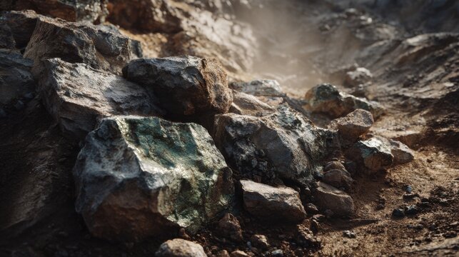 A photorealistic image of raw rare earth elements freshly extracted from the ground, shown as irregular mineral-rich rocks 