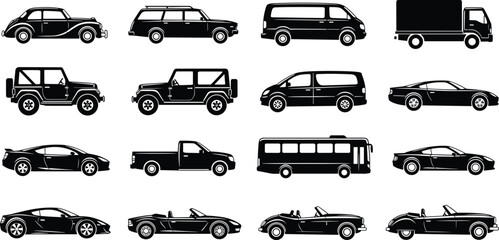 Vehicle silhouette icon set, side profile car graphics, classic and modern transport types, black automotive design illustrations