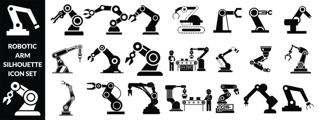 Fototapeta premium Robotic arm silhouette icon set, industrial automation, mechanical engineering, factory equipment, vector illustration, black pictogram, robotics technology graphic