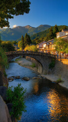 Fototapeta premium AI generator images of ancient hot spring town, situated along the Hida River, is filled with old ryokans (traditional Japanese inns), offers a traditional atmosphere, and provides free foot baths 