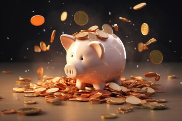 Pink piggy bank collecting gold coins representing savings and financial security