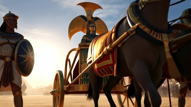 Ancient egyptian warrior standing with spear and shield as a chariot and horses pass by in the desert. Historical army concept.