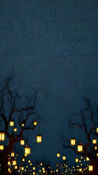 Spooky Halloween Night Background with Glowing Orange Lanterns Hanging from Dead Trees under Starry Sky