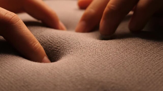 Persons hands pressing into a soft memory foam mattress testing its quality and comfort.