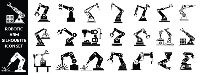 Fototapeta premium Robotic arm silhouette icon set, industrial automation, mechanical engineering, factory equipment, vector illustration, black pictogram, robotics technology graphic