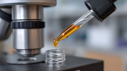 Fototapeta premium Close up of a laboratory dropper dispensing amber liquid into a small vial next to a microscope