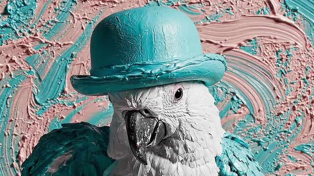 White macaw parrot wearing blue hat against textured background. Oil paint stroke artistic effect for creative animal portrait.