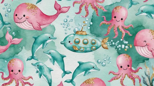 Cute underwater animals with glitter, a cartoon whale, dolphin, octopus and submarine swimming in the ocean