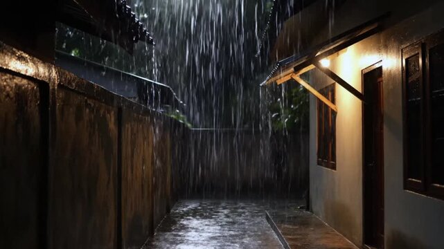 Dark Alleyway with Heavy Rainfall at Night.