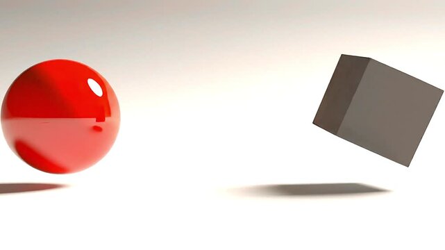 Red sphere impacting grey cube in a three-step physics animation. Digital simulation of force and motion.