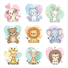 Obraz premium Cute cartoon animals with colorful heart designs