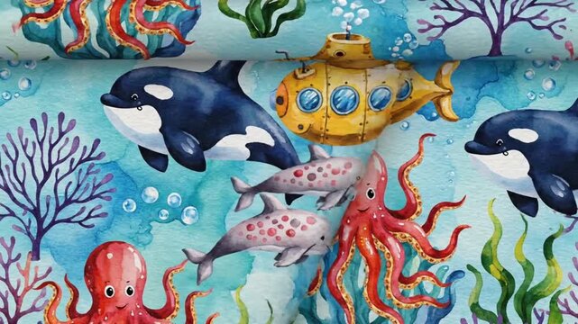 Killer whale, dolphin, and octopus underwater scene with yellow submarine in watercolor illustration for kid design