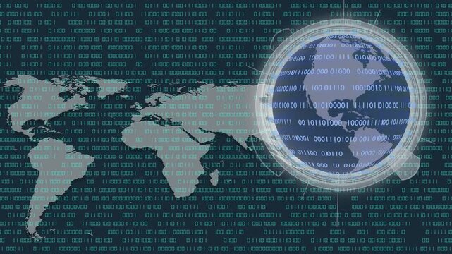 Filmato. Illustrazione 3D. Sfondo mondo digitale. Sequenza di zero e uno concetto di connessione globale tra persone, social network, e dispositivi informatici
