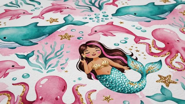 Cute watercolor repeating pattern for kids textile with little mermaid, teal whale, pink dolphin, and octopus undersea