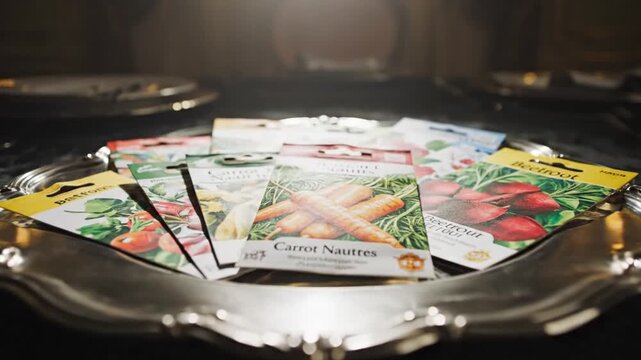 Seed packets displayed on elegant silver tray on a dark table, highlighting gardening and agricultural concepts for home and farm