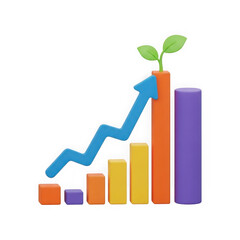 Colorful bar graph with growing plant and upward trend arrow on transparent background