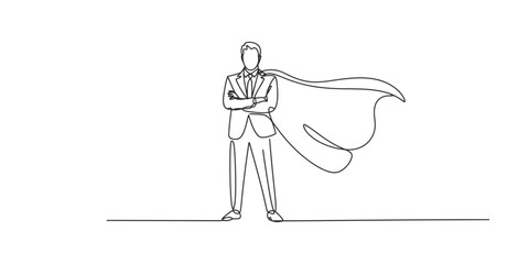 Continuous line drawing of a businessman standing with a superhero cape flowing behind him © Line Art
