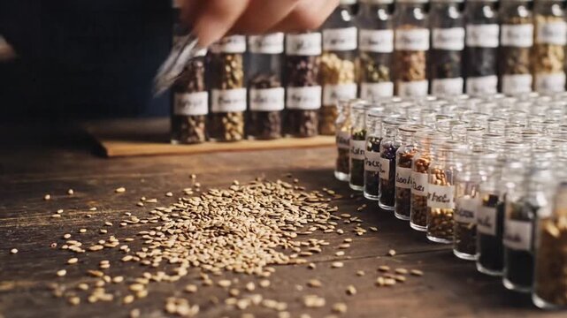 Man sorting various seeds by hand, meticulously placing them into small glass bottles for display and organization