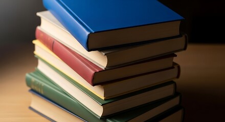 Stack of Hardcover Books on Table.