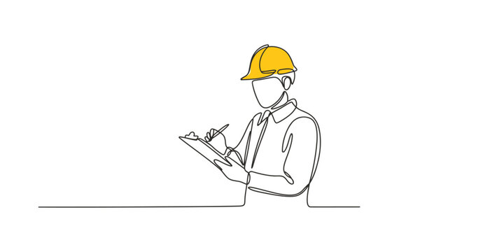 A single line drawing of an engineer or worker with a hard hat writing on a clipboard