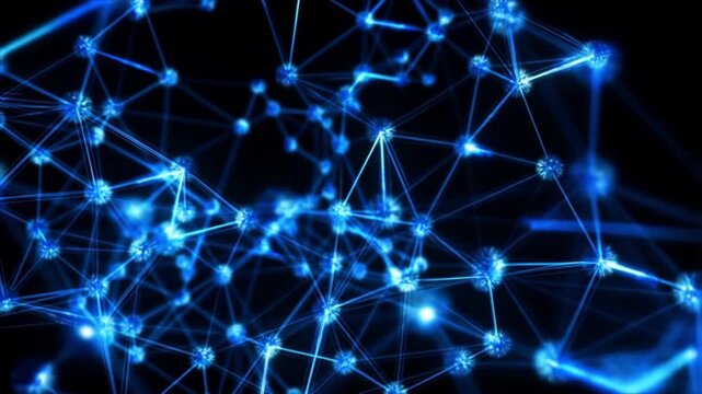 Two clusters of quantum particles moving in perfect sync in a dark cinematic space, illustrating non-local connection concept of quantum physics and entanglement