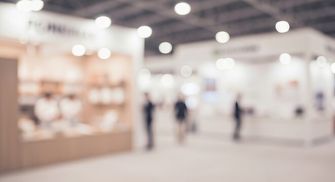 Out of focus vibrant tradeshow atmosphere with modern interior and serene event background ambiance.