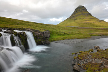 Kirkjufell Volcano Mountain with waterfalls, Iceland