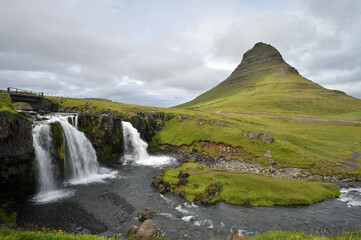 Obraz premium Kirkjufell Volcano Mountain with waterfalls, Iceland